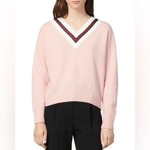 Sandro Pink Contrast Panel Striped V-Neck Sweater Red White Wool Blend Size XL